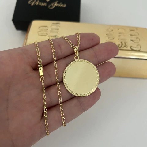 CORRENTE GRUMET ESPECIAL 3MM + PINGENTE MEDALHA REDONDA MOLDURA PERSONALIZÁVEL - 3CM