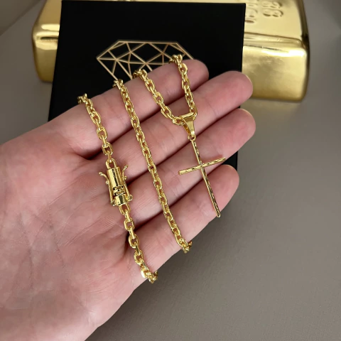 CORRENTE CADEADO 3,5MM + PINGENTE CRUZ PALITO DIAMANTADA 2,3x3,6CM