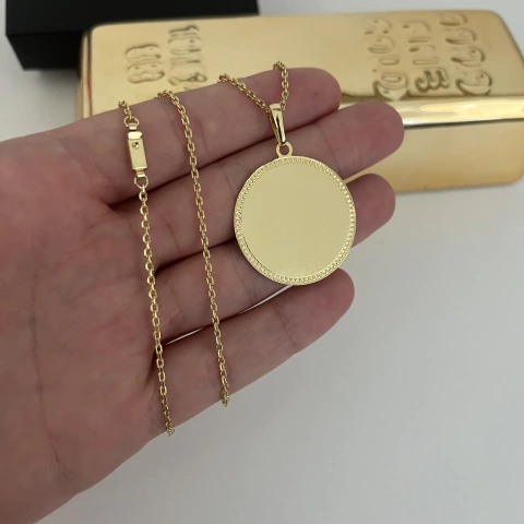 CORRENTE CADEADO 2MM + PINGENTE MEDALHA REDONDA MOLDURA PERSONALIZÁVEL 3CM