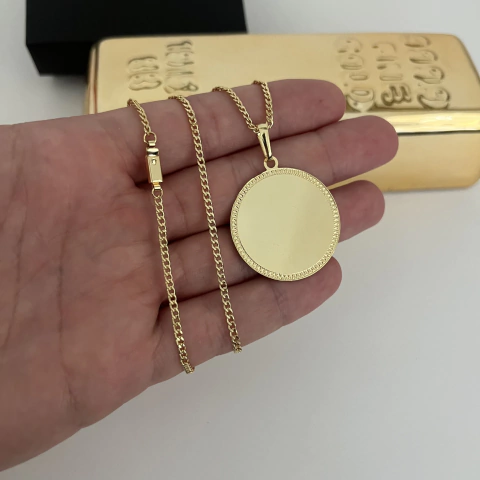 CORRENTE GRUMET 2,5MM + PINGENTE MEDALHA REDONDA MOLDURA PERSONALIZÁVEL 3CM