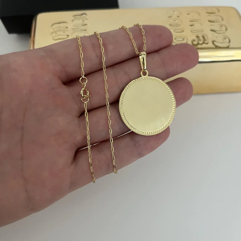 CORRENTE CARTIE 1,5MM + PINGENTE MEDALHA REDONDA MOLDURA PERSONALIZÁVEL 3CM