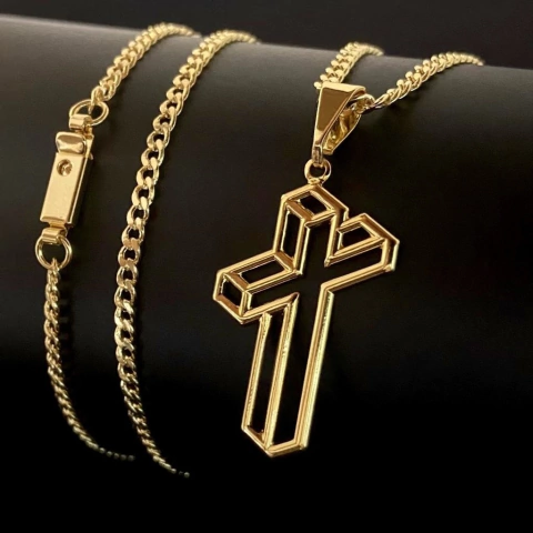 CORRENTE GRUMET 2,5MM + PINGENTE CRUZ 3D 2,5x2CM