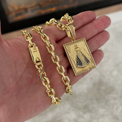 CORRENTE CADEADO 8MM + PINGENTE MEDALHA N.SENHORA FUNDO AMADEIRADO 4,5X3,3CM