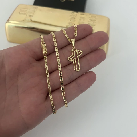 CORRENTE PIASTRINI 2,5MM + PINGENTE CRUZ 3D 2,5x2CM