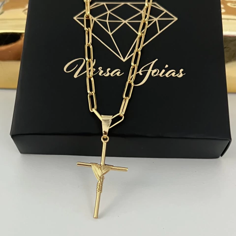 CORRENTE ELO LONGO 3MM + PINGENTE CRUZ TRANÇADA 2,2x3,4CM - comprar online