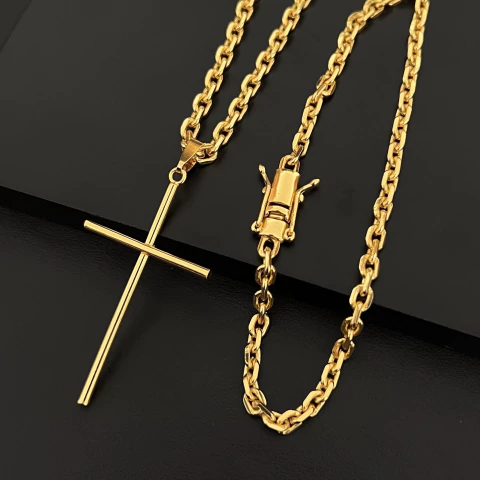 CORRENTE CADEADO 3,5MM + PINGENTE CRUZ PALITO 2,8x4CM