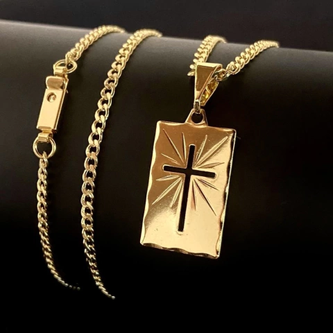 CORRENTE GRUMET 2,5MM + PINGENTE PLACA C/CRUZ DETALHE 1x2CM