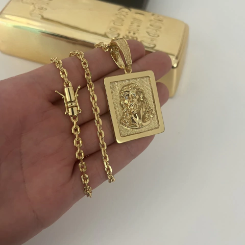 CORRENTE CADEADO 3,5MM + PINGENTE PLACA JESUS MAIOR 3,5x4CM