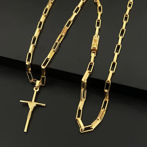 CORRENTE ELO ALONGADO 3MM + PINGENTE CRUZ TRANÇADA P 1,5x2,7CM