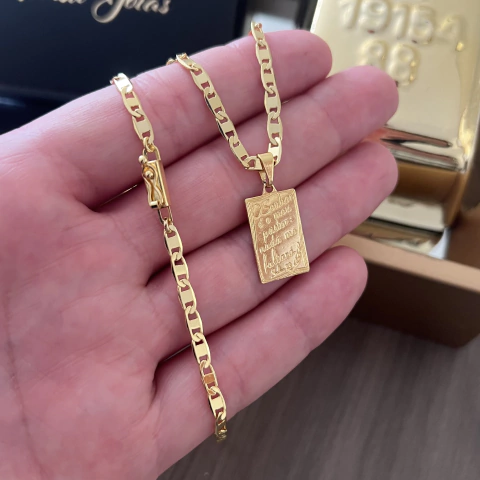 CORRENTE PIASTRINI 3,5MM + PINGENTE PLACA O SENHOR É O MEU PASTOR 2X1,5CM