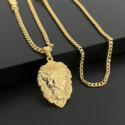 CORRENTE GRUMET 2,5MM + PINGENTE FACE LEÃO 2x2,5CM