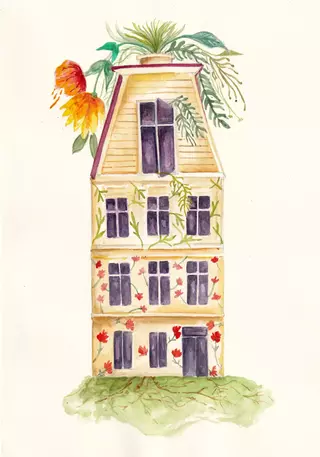 Acuarela Casa a Dos Aguas, Ilustración Original