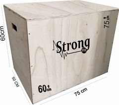 Caixa de madeira para exercícios, medindo 60 cm de altura, 75 cm de largura e 50 cm de profundidade, com o logo "Strong Fit".