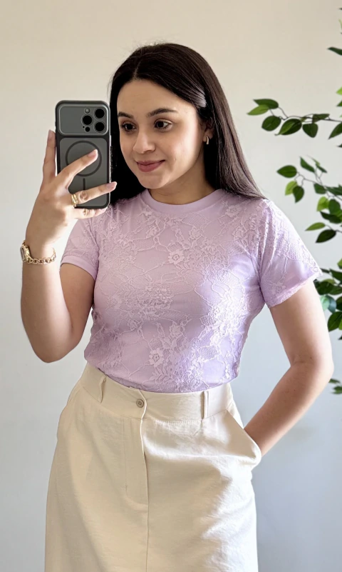 Blusa Feminina Renda Manga Curta Lilás