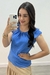 Blusa Social Crepe de Seda Poá com Perola Manga Babado (Azul)