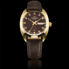 Relógio Technos automático dourado com mostrador marrom e pulseira de couro marrom