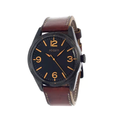 Relógio H. Stern ID Pilot com mostrador preto, números e ponteiros dourados, e pulseira de couro marrom