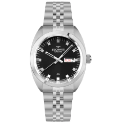 Relógio Technos Automático 1P com mostrador preto, caixa e pulseira de aço inoxidável e indicação de dia e data