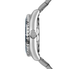 Perfil lateral do relógio Technos Automático X1A com pulseira e coroa em aço inoxidável