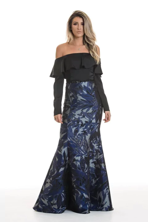 VESTIDO LONGO CREPE ACETINADO JACQUARD