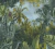 Papel de Parede Art Papier My Home My Spa 383561 papel de parede tropical, fundo azul acinzentado, folhagem verde escura, detalhes em amarelo queimado, palmeiras e bananeiras, estilo natureza exuberante, atmosfera densa e natural, visual artístico pintado