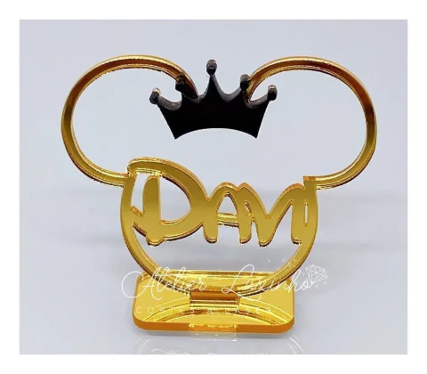 Aplique em Acrílico Cabeça Mickey com Nome Simples e Coroa (3 peças)