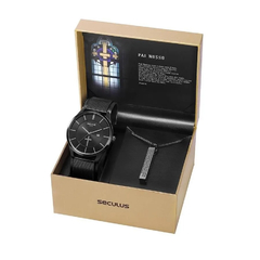 Kit Relógio Seculus Preto Pai Nosso 20769GPSKPA1