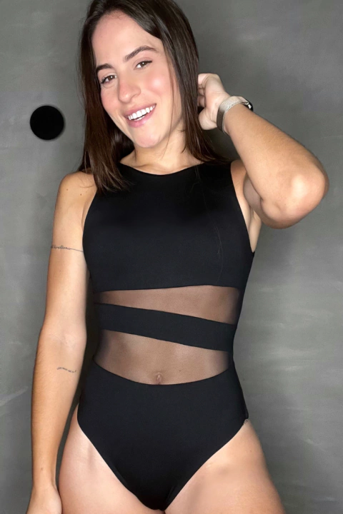 Maiô Body Regata recorte tela Preto