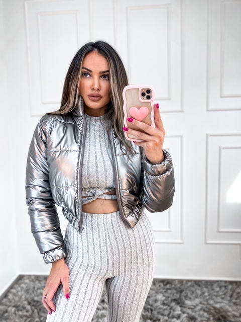 Jaqueta Puffer Jade Em Vinil Prata Escuro
