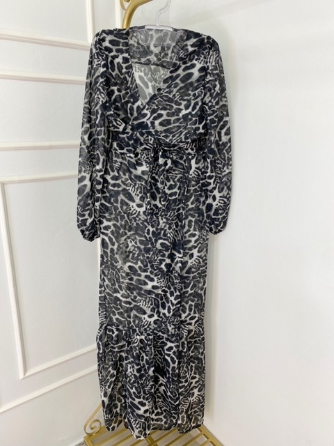 Kimono Longo Transpassado P&B Animal Print