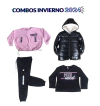 MEGA COMBO DE INVIERNO + BUZO FOREVER ROSA + REMERA MANGA LARGA NEGRA + CAMPERA DE ABRIGO NEGRA