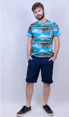 Camiseta Porto & Co Masculina Azul Estampada 100% algodão slim fit