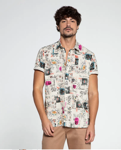 CAMISA MASCULINA DOCTHOS TRICOLINE ESTAMPA SCRAPBOOK COLLAB BETO GATTI SLIM