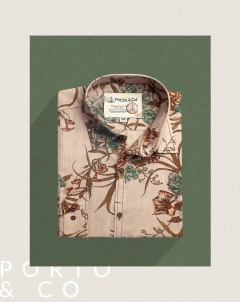 CAMISA MASCULINA PORTO E CO AREIA COM ESTAMPA TROPICAL SLIM FIT - comprar online