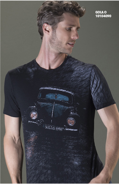 Camiseta Masculina Azul Com Estampa Gola Careca Slim