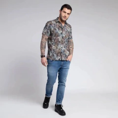 Camisa Manga Curta Docthos Slim Estapa Bordado Flores - DSOCIAL