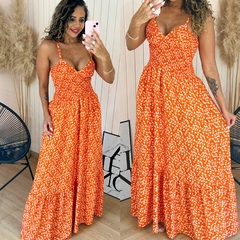 Vestido Longo Lastex Decote V Carol Mini Floral Laranja