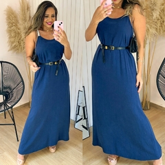 Vestido Longo Alças Linho Valentina Azul Marinho