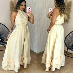 Vestido Longo Gola Alta c/ Faixa Alessandra Bege