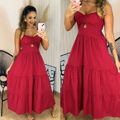 Vestido Midi Alças Recorte Busto Elda Poá Vinho