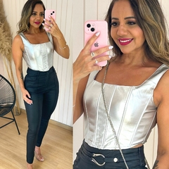 Cropped Corset Couro Alça Larga Prata