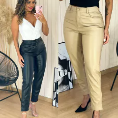 Calça Reta Couro Eco Marcilene