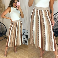 Saia Tricot Fredo Midi Estampa Mix Marize Bege
