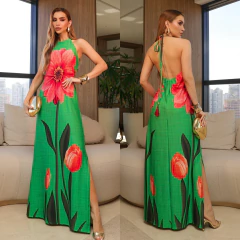 Vestido Longo Frente Única Drica Verde Floral - comprar online