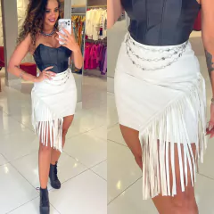 Saia Curta Couro com Franja Lateral Lidiane Branca