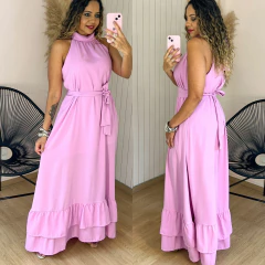 Vestido Longo Gola Alta c/ Faixa Alessandra Rosa