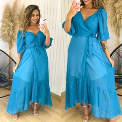 Vestido Envelope com Manga Liso Chiara Azul
