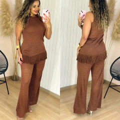 Conjunto Tricot Blusa Franjas e Calça Fabiana Marrom