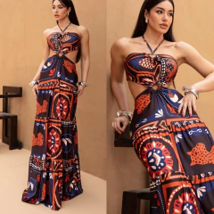 Vestido Longo c/ Recorte Argolas Kemi Preto E1 - comprar online