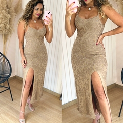 Vestido Tricot Longo c/ Fenda Pryscila Bege Lurex